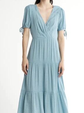 NWT Lovestitch Boho Peasant Tiered Tie Sleeve Rayon Dress Dusty Blue Medium